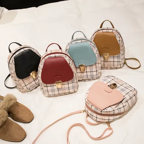 Mini Backpack Women Plaid PU Leather Small School Bag Multi-Functional Crossbody Shoulder Bag With Earphone Hole Retro