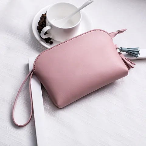 Damen Minimalistische PU-Leder Mini Handgelenktasche Quaste Reißverschluss Münzbörse Kleine Handytasche Mode Handheld Clutch Tasche