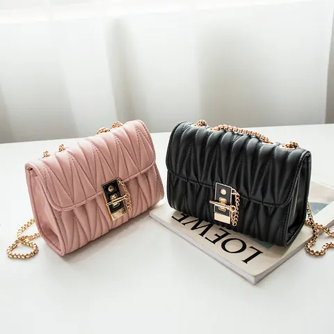 Women's Quilted Pleated Shoulder Bag Gold Chain Strap Fashion PU Leather Crossbody Bag Small Square Handbag For Women