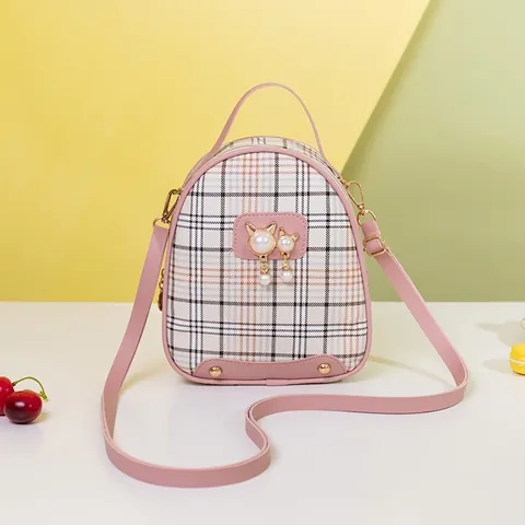 Mini Plaid Backpack For Women Fashion PU Leather Crossbody Bag With Artificial Pearl Cat Ear Decor Multi-Way Travel Phone Bag For Girls
