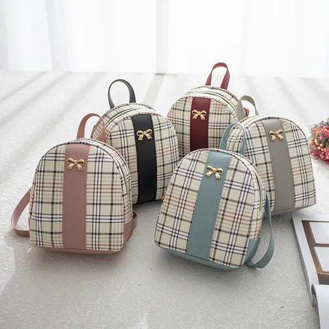 Dames Mini Geruite Patchwork Rugzak Zoete Strik PU Leer Kleine Schoudertas Crossbody Telefoontas Mode Preppy Stijl