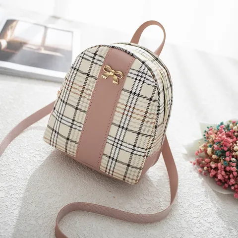 Dames Mini Geruite Patchwork Rugzak Zoete Strik PU Leer Kleine Schoudertas Crossbody Telefoontas Mode Preppy Stijl