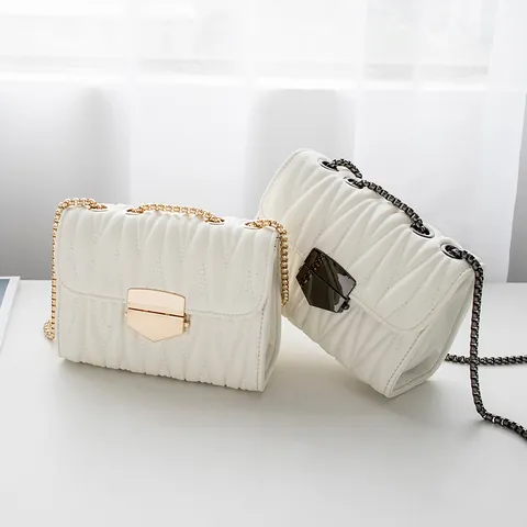 Women Elegant PU Leather Quilted Matelasse Shoulder Bag Metal Chain Strap Square Crossbody Bag With Lock Closure