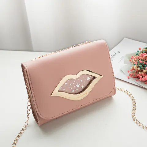 Borsa a Tracolla Quadrata Mini a Forma di Labbra con Catena Metallica Moda Pelle PU Piccola Borsa con Decorazione a Stelle