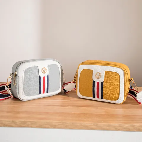 Women Colorblock PU Leather Crossbody Bag Striped Wide Strap Camera Bag Fashion Shoulder Bag With Metal Circle Decoration Daily Casual Bag