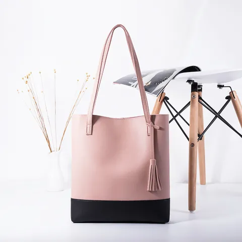 Women Fashion PU Leather Tote Bag Large Capacity Contrast Color Shoulder Bag With Tassel Casual Shopping Handbag For Daily Use