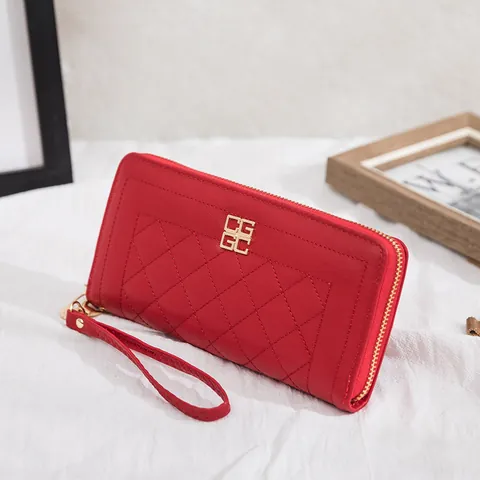 Damen Gesteppte Lange Brieftasche PU Leder Reißverschluss Geldbeutel Mit Handschlaufe Gold Metall Logo Mode Clutch Tasche