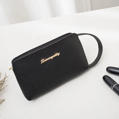 Women Fashion Litchi Pattern PU Leather Wristlet Handbag Small Phone Pouch Coin Purse With Metal Letter Logo Zip Closure Daily Clutch