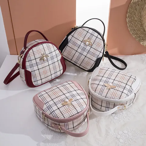 Women Plaid Shell Crossbody Bag With Artificial Pearl Bee Decoration Adjustable Strap PU Leather Handbag Casual Shoulder Bag For Daily Dating