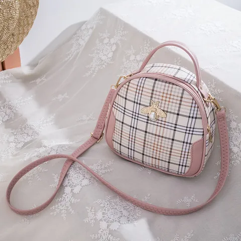 Women Plaid Shell Crossbody Bag With Artificial Pearl Bee Decoration Adjustable Strap PU Leather Handbag Casual Shoulder Bag For Daily Dating