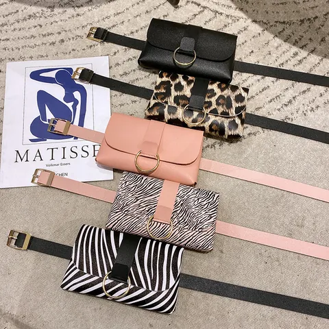 Women Mini PU Leather Belt Bag Fashion Zebra Leopard Print Waist Bag With Golden Metal Ring Buckle Adjustable Strap Phone Pouch