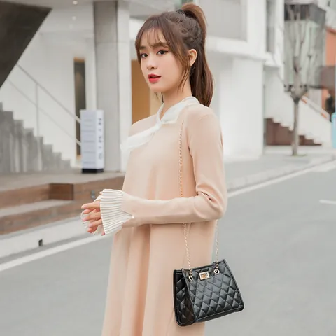 Borsa a Spalla da Donna in Pelle PU con Motivo a Rombi Elegante Catena d'Oro Tracolla Chiusura a Girello Moda Borsa a Mano