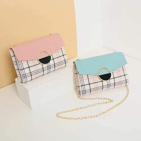 Women Fashion Checkered Pattern PU Leather Crossbody Bag With Metal Chain Strap Small Square Shoulder Bag For Daily Use