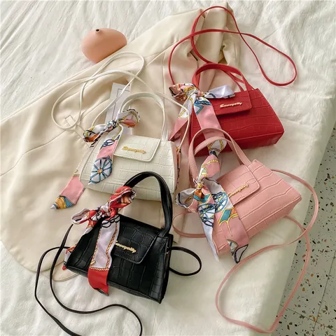 Women's Crocodile Pattern PU Leather Handbag With Silk Scarf Handle Small Square Shoulder Crossbody Bag For Daily Fashion
