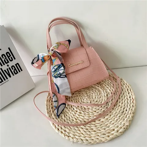 Women's Crocodile Pattern PU Leather Handbag With Silk Scarf Handle Small Square Shoulder Crossbody Bag For Daily Fashion