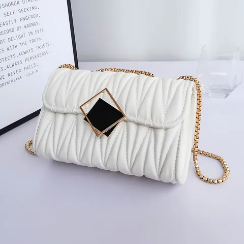 Elegante Bolso de Hombro de Cuero PU Acolchado para Mujer Con Cadena de Metal Dorado Hebilla Geométrica Bolso Cruzado de Moda