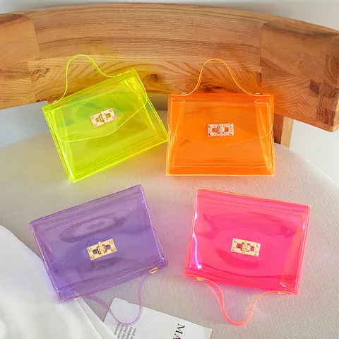 Borsa Quadrata Piccola in PVC Trasparente da Donna Borsa a Tracolla con Catena d'Oro Borsa a Mano Color Caramella Fluorescente Chiara