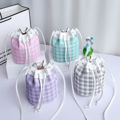 Borsa a Secchiello in Pelle PU con Stampa a Quadri Donna Mini Borsa a Tracolla con Coulisse Dolce Stile Coreano per Uso Quotidiano Viaggio