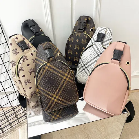 Borsa da Petto in Pelle PU Moda Donna Con Stampa a Quadri Monogramma Piccola Borsa a Tracolla Casual Quotidiana Marsupio