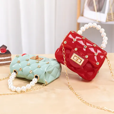 Borsa a Mano Mini Jelly Donna alla Moda con Manico di Künstliche Perle Rombi Trapuntati Borsa a Tracolla Strass Serratura Dorata