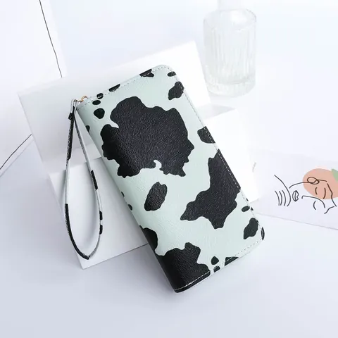 Damen Kuh Muster Lange Brieftasche PU Leder Reißverschluss Clutch Tasche Mit Handschlaufe Modisch Süß