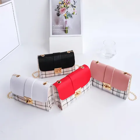 Bolso Bandolera Cuadrado a Cuadros para Mujer Pequeño de Cuero PU con Cadena Dorada Vintage Bolso de Móvil de Contraste