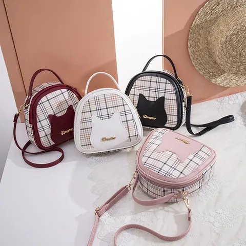 Damen Süße Katzen Gesicht Plaid Patchwork PU Leder Handtasche Lässig Mini Umhängetasche Mit Verstellbarem Riemen