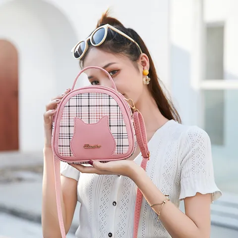 Damen Süße Katzen Gesicht Plaid Patchwork PU Leder Handtasche Lässig Mini Umhängetasche Mit Verstellbarem Riemen