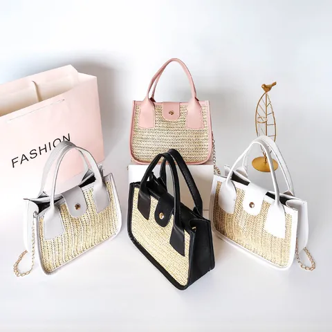 Casual Straw Woven Patchwork Handbag With Gold Chain Strap PU Leather Small Square Crossbody Bag Vacation Beach Phone Purse
