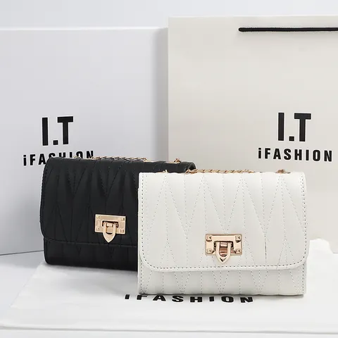 Women Fashion V-Quilted PU Leather Shoulder Bag With Gold Metal Lock And Chain Strap Small Square Crossbody Bag For Ladies Casual
