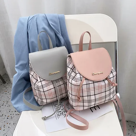 Mini Mochila para Mujer Color de Contraste Cuadros Cordón Bolso de Cubeta Cuero PU Tela Casual Moda Pequeña Mochila Viaje Escuela Mochila de Día