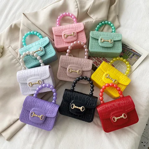 Kinder Mini Handtasche Krokodil Muster PVC Jelly Tasche Perlen Griff Gold Metall Schnalle Mode Mädchen Lippenstift Geldbörse