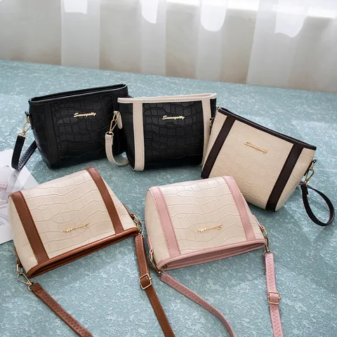 Borsa A Spalla Secchiello In Pelle PU Effetto Coccodrillo Vintage Colore Contrasto Tracolla Regolabile Hardware Dorato