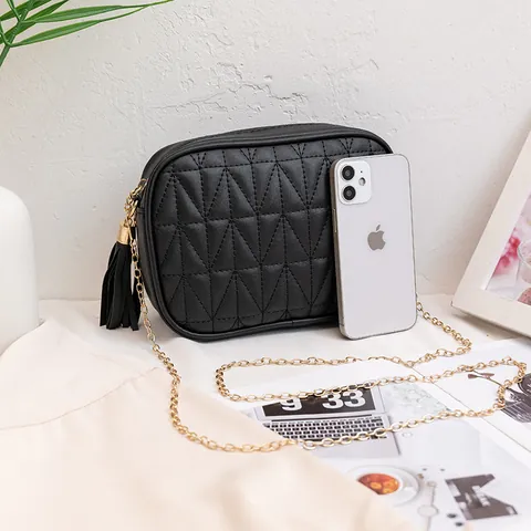 Borsa a Tracolla da Donna Trapuntata con Nappina e Catena in Pelle PU Piccola Borsa Quadrata Mini Messenger per Cellulare