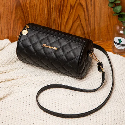 Women Quilted Cylinder Crossbody Bag Rhombic Pattern PU Leather Shoulder Phone Bag Small Barrel Purse With Gold Hardware
