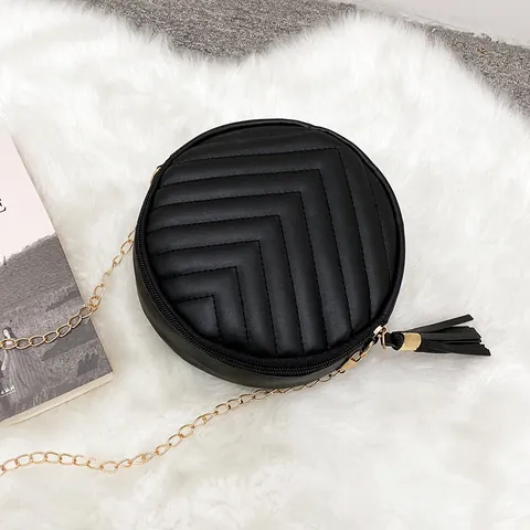 Women V Quilted Round Crossbody Bag With Tassel Gold Chain Strap Small Faux Leather Shoulder Bag Casual Messenger Purse