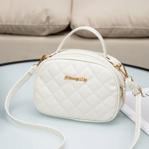 Women Quilted Lattice Leather Shoulder Bag Elegant Square Crossbody Bag With Metallic Logo Top Handle Daily Handbag