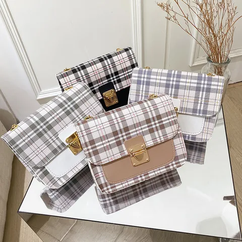 Fashion Plaid Contrast Color PU Leather Square Bag For Women Small Chain Crossbody Bag With Metal Lock Casual Shoulder Phone Bag