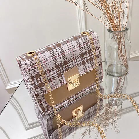 Fashion Plaid Contrast Color PU Leather Square Bag For Women Small Chain Crossbody Bag With Metal Lock Casual Shoulder Phone Bag