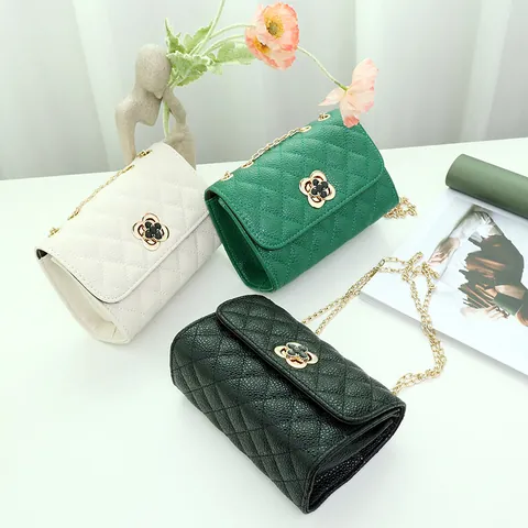 Bolso de Hombro de Cuero PU Acolchado para Mujer Rombo Patrón en V Cadena Bandolera Con Cierre de Flor Bolso Cuadrado
