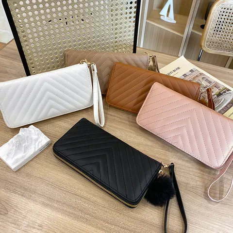 Women Long Wallet PU Leather V-Quilted Zip Around Clutch Bag With Wristlet And Pom Pom Keychain Multi Card Slots
