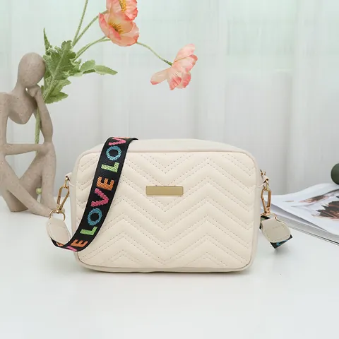 Women Chevron Quilted PU Leather Camera Bag With LOVE Letter Wide Fabric Strap Casual Crossbody Shoulder Small Square Bag