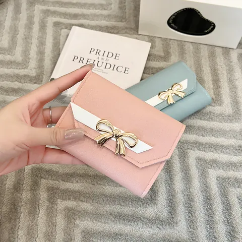 Women Sweet PU Leather Small Wallet Bow Knot Contrast Color Short Three Fold Coin Purse Mini Card Holder Clutch Purse