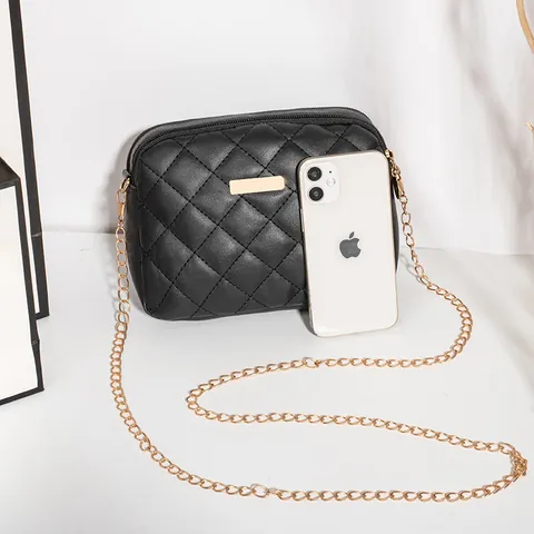 Women Quilted Rhombic Crossbody Bag PU Leather Chain Strap Double Zipper Small Square Bag Fashion Casual Shoulder Bag