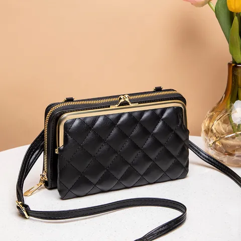 Women Quilted Crossbody Bag PU Leather Phone Wallet Small Square Bag With Kiss-Lock And Zipper Double Layer Handbag