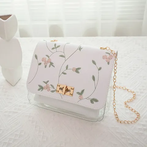 Women Floral Embroidery Clear PVC Crossbody Bag Sweet Small Square Shoulder Bag With Gold Metal Chain Strap Synthetic Leather Purse