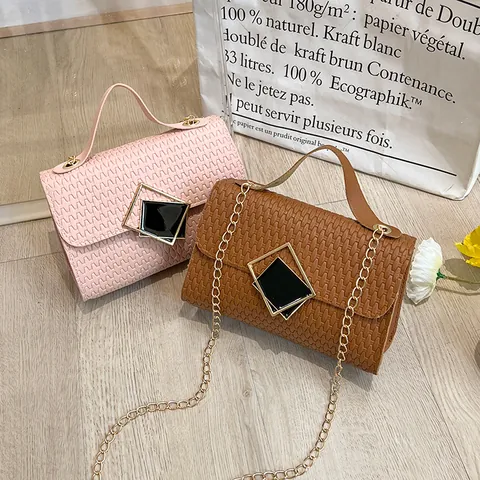 Women Weaving Texture PU Leather Shoulder Bag With Square Buckle Gold Chain Strap Small Square Crossbody Handbag For Daily Casual Fashion