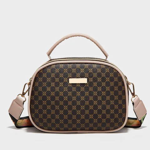 Women Retro PU Leather Camera Bag Monogram Geometric Print Small Square Handbag With Colorful Rainbow Wide Strap Crossbody Bag