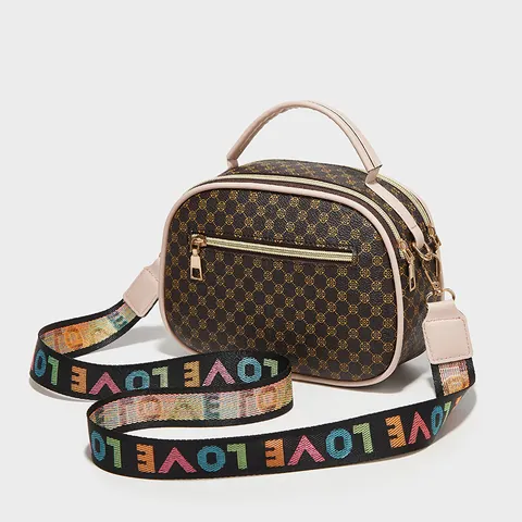 Women Retro PU Leather Camera Bag Monogram Geometric Print Small Square Handbag With Colorful Rainbow Wide Strap Crossbody Bag