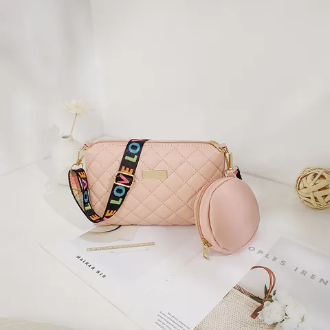 Women's Quilted PU Leather Crossbody Bag And Mini Round Pouch With Colorful LOVE Letter Wide Strap Fashion Square Shoulder Bag